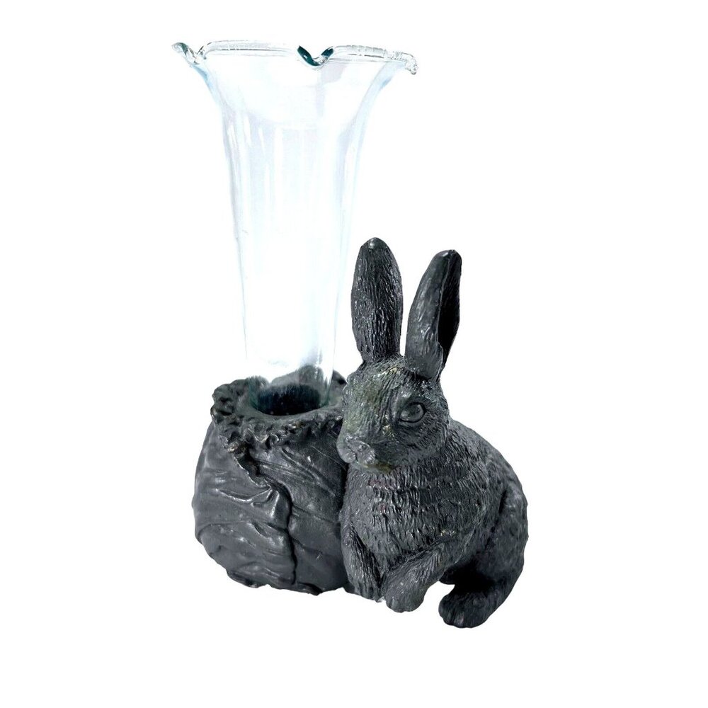 Vtg Bunny Rabbit Glass Bud Vase Cast Metal Brass Cabbage Flower Estate